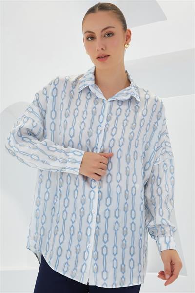 Turkuaz Beyaz Desenli Oversize Saten Gömlek 3985