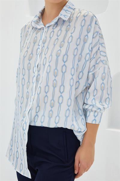 Turkuaz Beyaz Desenli Oversize Saten Gömlek 3985