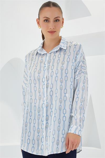 Turkuaz Beyaz Desenli Oversize Saten Gömlek 3985