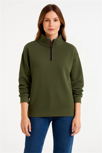 Üç İplik Dık Yaka Yarım Fermuarlı SweatShirt - Haki