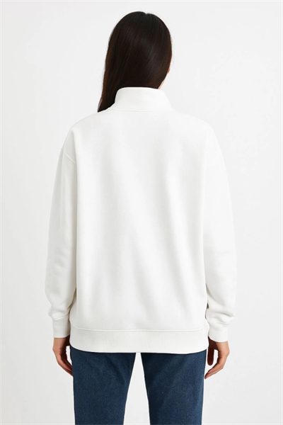 Üç İplik Dık Yaka Yarım Fermuarlı SweatShirt - Beyaz