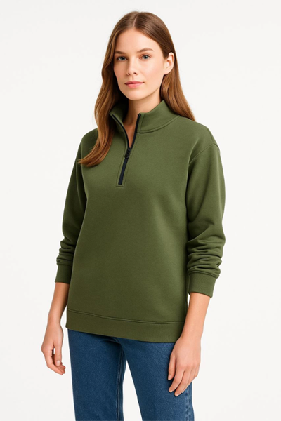 Üç İplik Dık Yaka Yarım Fermuarlı SweatShirt - Haki