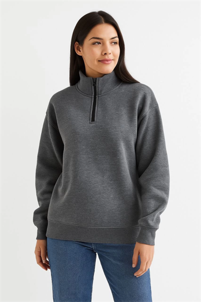 Üç İplik Dık Yaka Yarım Fermuarlı SweatShirt - Antrasit