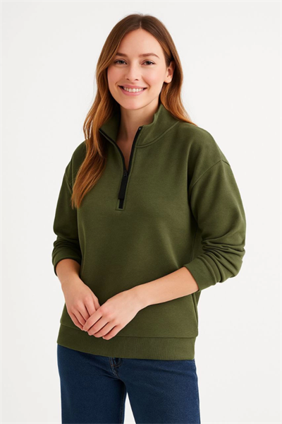 Üç İplik Dık Yaka Yarım Fermuarlı SweatShirt - Haki