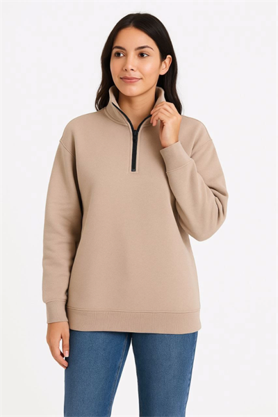 Üç İplik Dık Yaka Yarım Fermuarlı SweatShirt - Bej