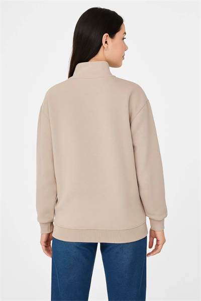 Üç İplik Dık Yaka Yarım Fermuarlı SweatShirt - Bej