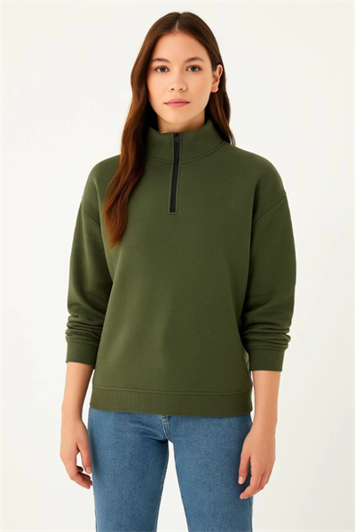 Üç İplik Dık Yaka Yarım Fermuarlı SweatShirt - Haki