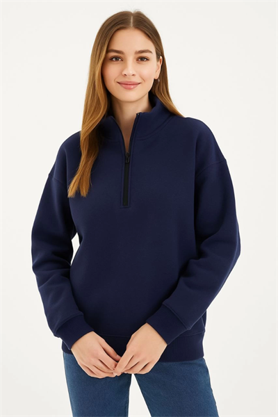 Üç İplik Dık Yaka Yarım Fermuarlı SweatShirt - Lacivert