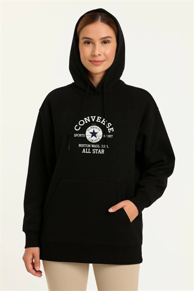 Üç İplik Kapşonlu ön Ve Arka Baskılı SweatShirt Hoodie- Siyah