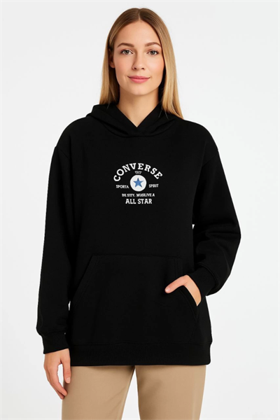 Üç İplik Kapşonlu ön Ve Arka Baskılı SweatShirt Hoodie- Siyah