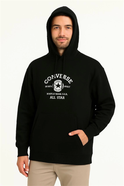 Üç İplik Kapşonlu ön Ve Arka Baskılı SweatShirt Hoodie- Siyah