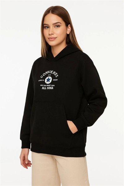 Üç İplik Kapşonlu ön Ve Arka Baskılı SweatShirt Hoodie- Siyah