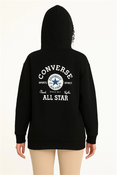 Üç İplik Kapşonlu ön Ve Arka Baskılı SweatShirt Hoodie- Siyah