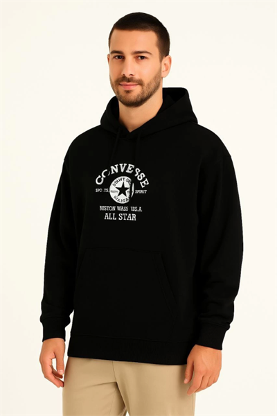 Üç İplik Kapşonlu ön Ve Arka Baskılı SweatShirt Hoodie- Siyah