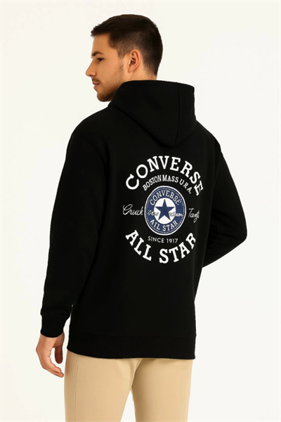 Üç İplik Kapşonlu ön Ve Arka Baskılı SweatShirt Hoodie- Siyah