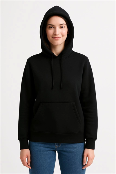 Üç İplik Kapüşonlu Kanguru Çepli SweatShirt Hoodie - Siyah