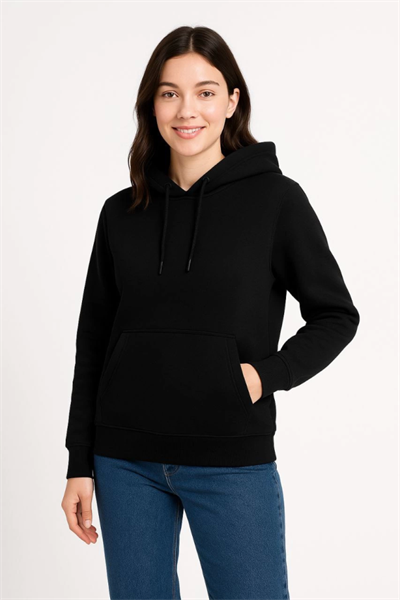 Üç İplik Kapüşonlu Kanguru Çepli SweatShirt Hoodie - Siyah