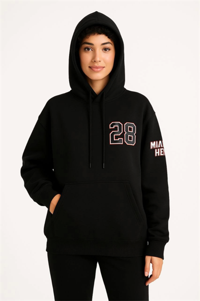 Üç İplik Kapüşonlu Ön Ve Arka Baskılı SweatShirt Hoodie - Siyah