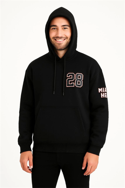Üç İplik Kapüşonlu Ön Ve Arka Baskılı SweatShirt Hoodie - Siyah