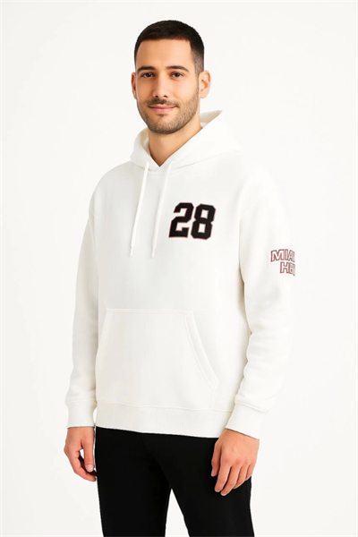 Üç İplik Kapüşonlu Ön Ve Arka Baskılı SweatShirt Hoodie - Beyaz