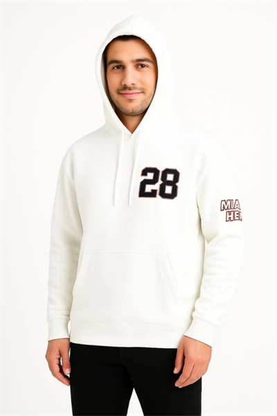 Üç İplik Kapüşonlu Ön Ve Arka Baskılı SweatShirt Hoodie - Beyaz