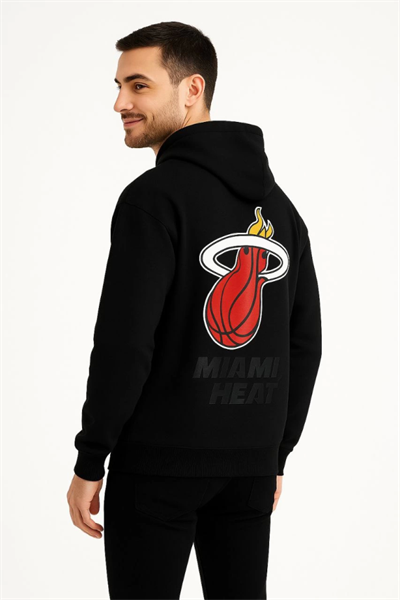 Üç İplik Kapüşonlu Ön Ve Arka Baskılı SweatShirt Hoodie - Siyah