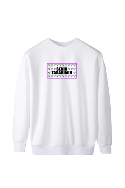 Üç İplik Ön Arka Sizin Tasarımınız Biskilet Yaka Sweatshirt - Beyaz