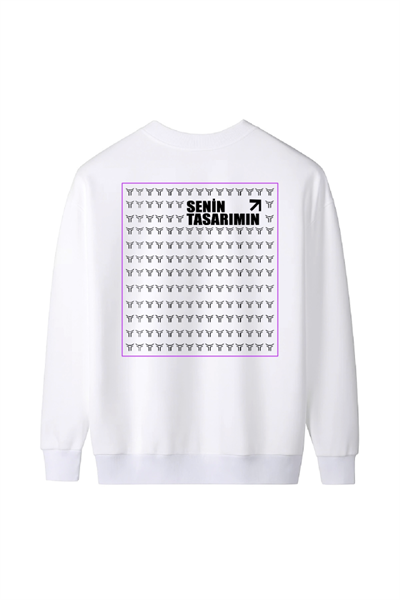 Üç İplik Ön Arka Sizin Tasarımınız Biskilet Yaka Sweatshirt - Beyaz