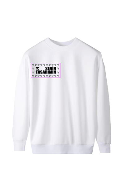 Üç İplik Ön Arka Sizin Tasarımınız Biskilet Yaka Sweatshirt - Beyaz