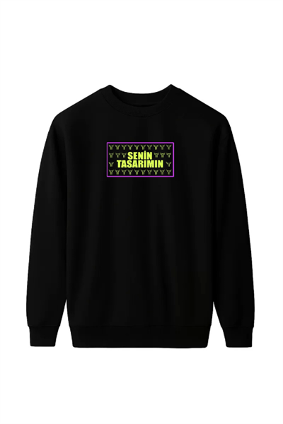 Üç İplik Ön Sizin Tasarımınız Biskilet Yaka Sweatshirt - Siyah