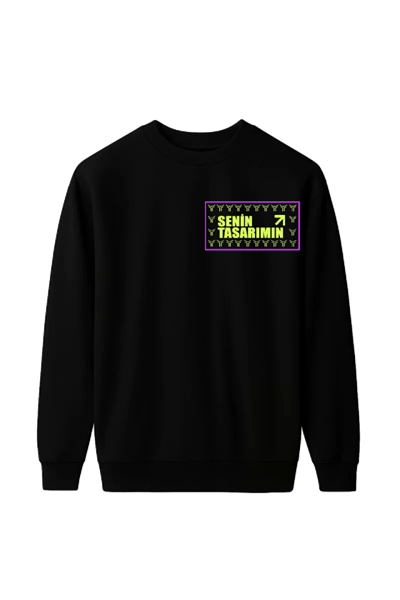 Üç İplik Ön Sizin Tasarımınız Biskilet Yaka Sweatshirt - Siyah