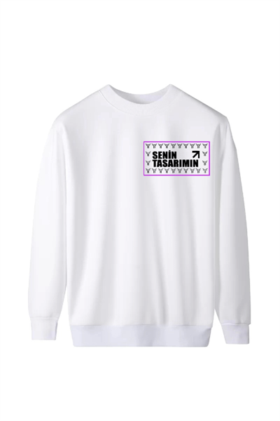 Üç İplik Ön Sizin Tasarımınız Biskilet Yaka Sweatshirt - Beyaz