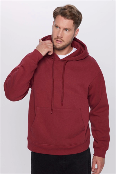 Üç İplik Penye Kapşonlu Basic SweatShirt - Bordo