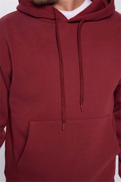 Üç İplik Penye Kapşonlu Basic SweatShirt - Bordo