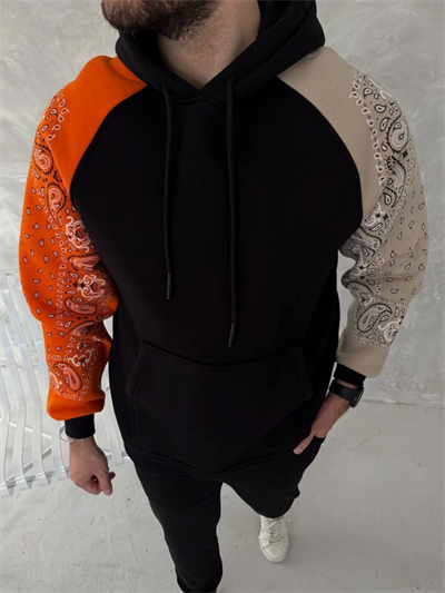 Üç İplik Penye Kapşonlu Parçalı SweatShirt - Siyah