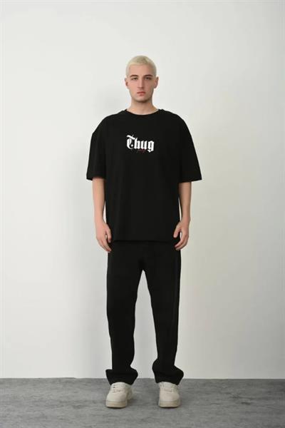 Unisex Baskılı Bisiklet Yaka Oversize T-Shirt - Siyah