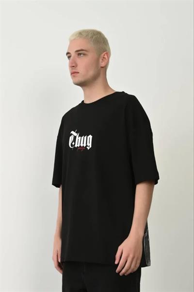 Unisex Baskılı Bisiklet Yaka Oversize T-Shirt - Siyah