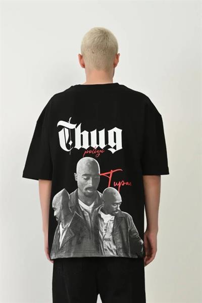 Unisex Baskılı Bisiklet Yaka Oversize T-Shirt - Siyah