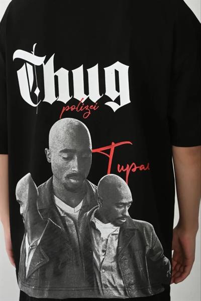 Unisex Baskılı Bisiklet Yaka Oversize T-Shirt - Siyah