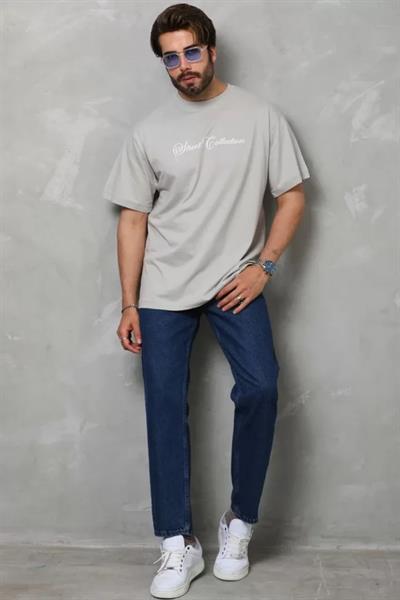 Unisex Bisiklet Yaka Baskılı Oversize T-Shirt - Gri