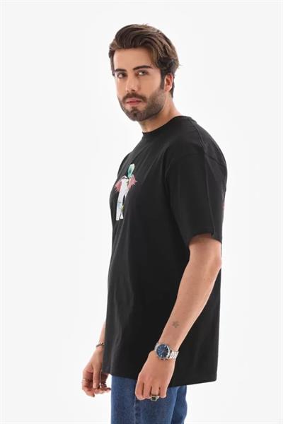 Unisex Bisiklet Yaka Baskılı Oversize T-Shirt - Siyah