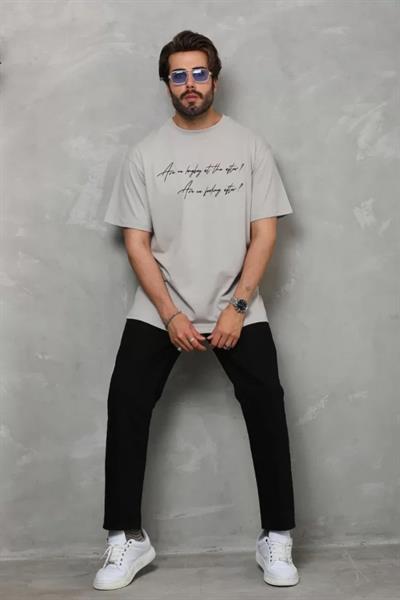 Unisex Bisiklet Yaka Baskılı Oversize T-Shirt - Gri