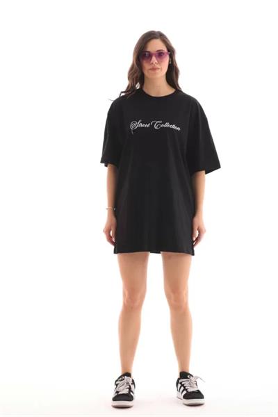 Unisex Bisiklet Yaka Baskılı Oversize T-Shirt - Siyah