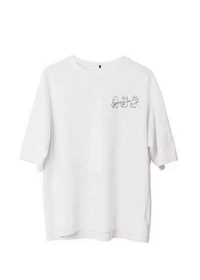 Unisex Bisiklet Yaka Baskılı Oversize T-Shirt - Beyaz