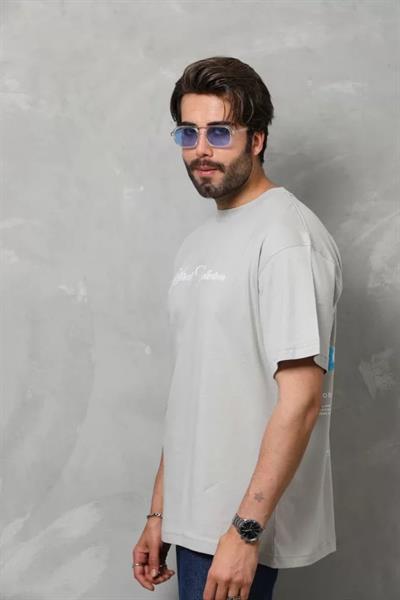 Unisex Bisiklet Yaka Baskılı Oversize T-Shirt - Gri