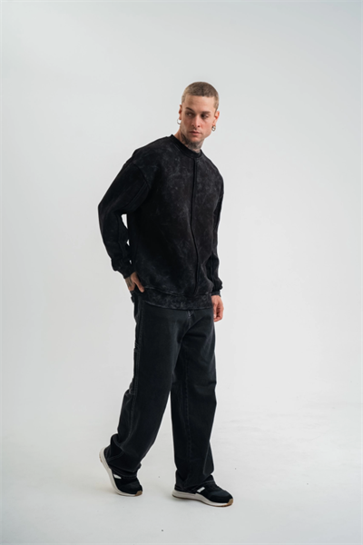 Unisex Bisiklet Yaka Özel Pis Dikişli Yıkamalı SweatShirt - Siyah