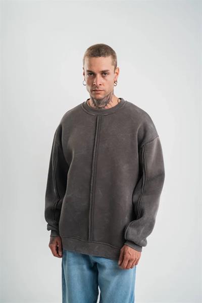 Unisex Bisiklet Yaka Özel Pis Dikişli Yıkamalı SweatShirt - Füme