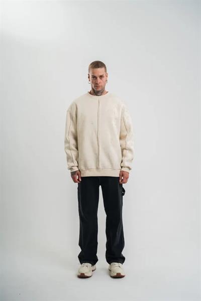 Unisex Bisiklet Yaka Özel Pis Dikişli Yıkamalı SweatShirt - Bej