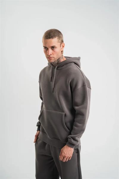 Unisex Double Oversize Kapşonlu Basic SweatShirt - Füme