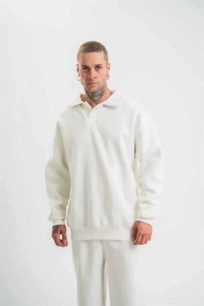 Unisex Double Oversize Patlı Yaka SweatShirt - Beyaz
